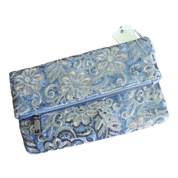 New Urban Expressions Handbag Clutch Purse Crush Velour Blue Embellish Festival - Picture 1 of 5